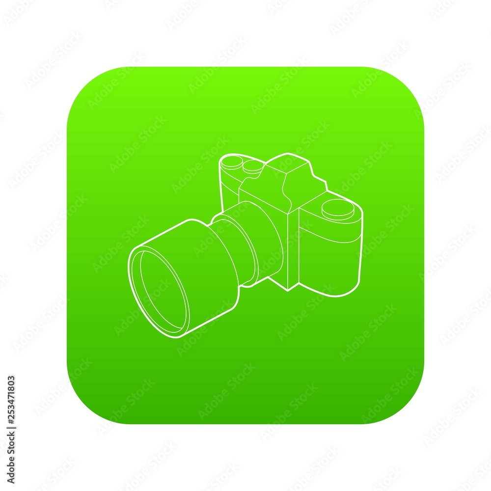 Wall mural Photo camera with lens icon green vector isolated on white background