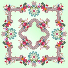 Square shawl with elegant ornament, mandala, paisley and bouquets of garden flowers on light green background in russian style.