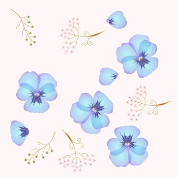 Blue heartsease, abstract umbrella flowers and branches of bird berry isolated on light background. Endless print for fabric.