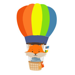 Cartoon dier vliegen in hete luchtballon. Afbeelding voor kinderkleding, ansichtkaarten.