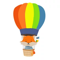 Foto op Aluminium Dieren in luchtballon Cartoon dier vliegen in hete luchtballon. Afbeelding voor kinderkleding, ansichtkaarten.