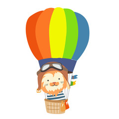 Cartoon animal fly in hot air balloon. Image for children clothes, postcards.