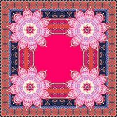 Bright geometric square pattern with luxury frame and mandala flower on crimson background. Ethnic shawl, carpet, tablecloth. Indian motives.