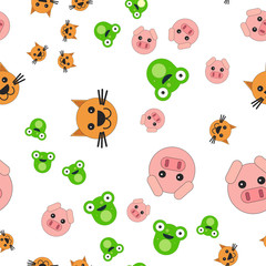 Naklejka premium Seamless pattern of the head of a cat frog and pig.