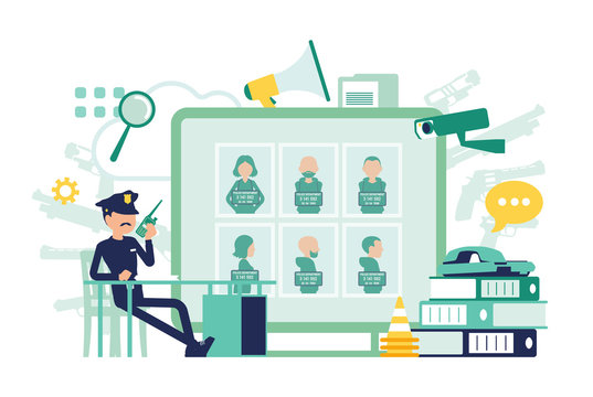 Policeman working in a police station office. Male officer sitting at workplace, professional symbols and tools design, wanted poster with criminals. Vector abstract illustration, faceless characters