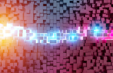 Glowing black blue and pink squares background pattern 3D rendering