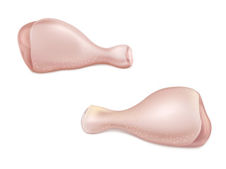 Raw chicken or turkey legs with skin and bone 3d realistic vector isolated on white background. Culinary ingredient, fresh meat for barbeque, protein diet illustration. Poultry farm ad design element