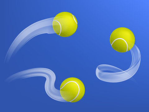 Tennis balls flying different trajectories after racket hit 3d realistic vector illustrations set isolated on blue background. Tennis competition or tournament, sport shop advertisement design element