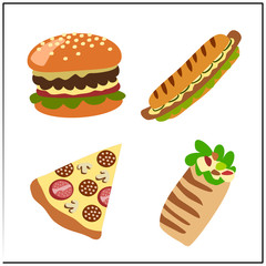 Set of fast food in cartoon style - Burger, hot dog, pizza and kebab, isolated on white background.