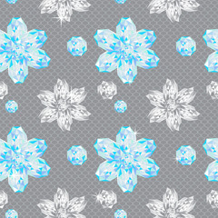 Fototapeta na wymiar Gems flowers on lace net background seamless pattern