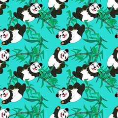 Naklejka premium kawaii happy panda with bamboo plant background seamless pattern