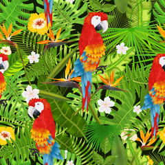 Seamless pattern with exotic tropical leaves, flowers and parrot illustration