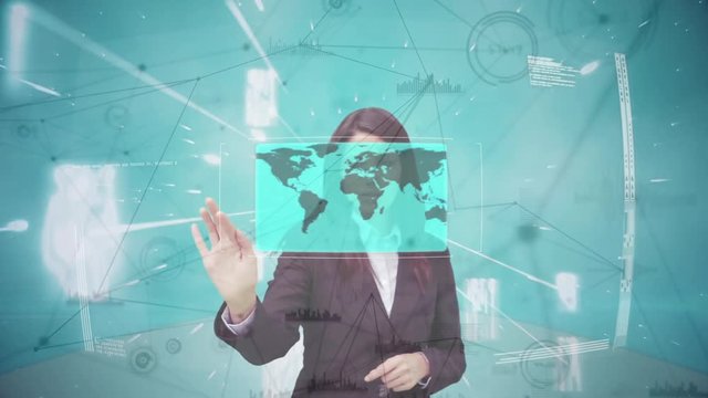 Digital composite of business woman touching futuristic screen