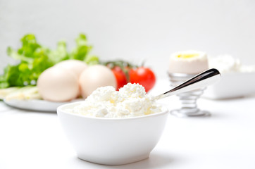Delicious cottage cheese, eggs and vegetables for lunch.Concept of healthy eating 
