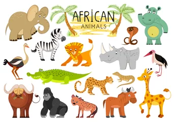 Fototapete Zoo Afrikanische Tiersammlung lokalisiert auf weißem Hintergrund. Illustration