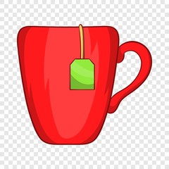 Red cup with tea bag icon in cartoon style on a background for any web design 