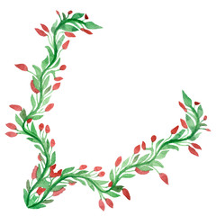 Watercolor unusual interesting frame with green branches and red barberry for invitations and greeting cards