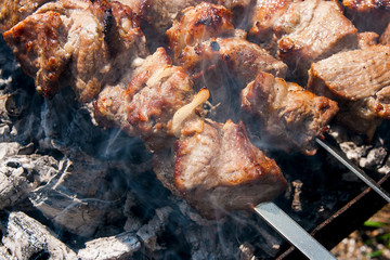 Traditional eastern dish, shish kebab. Roasted meat cooked at barbecue with smoke. .