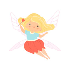 Cute Little Winged Fairy with Blonde Hair, Beautiful Flying Girl Character in Fairy Costume with Magic Wand Vector Illustration