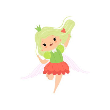 Cute Little Winged Fairy with Light Green Hair, Beautiful Girl Princess Character in Fairy Costume with Magic Wand Vector Illustration