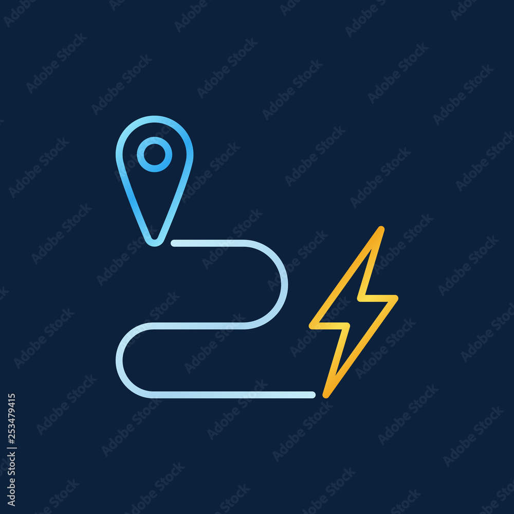 Poster map pointer and lightning vector outline colorful icon or sign on dark background