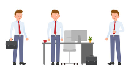 Young friendly office clerk in formal wear standing by the desk, holding coffee and briefcase. Cartoon character design of handsome man smiling, standing confidently emotional concept - Vector