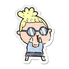 distressed sticker of a cartoon shy woman wearing spectacles