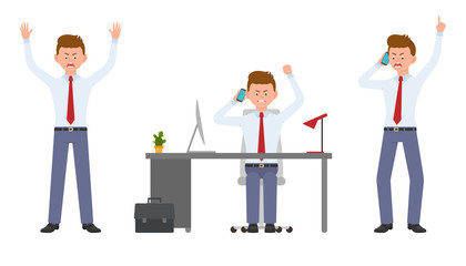 Young office manager angry, stressed, desperate, talking on phone. Cartoon character design of shouting, pointing finger, unhappy man emotions concept - Vector