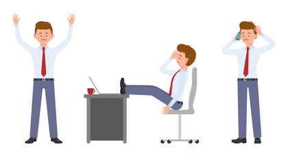 Young worker in formal wear standing with smartphone, sitting at the desk with headache. Cartoon character design of stressed, upset, sad, tired, disappointed office man at work concept - Vector