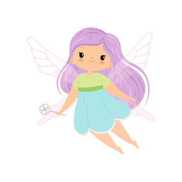 Cute Little Winged Fairy with Long Lilac Hair, Beautiful Flying Girl Character in Fairy Costume with Magic Wand Vector Illustration
