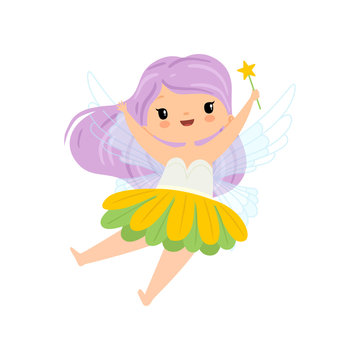Lovely Little Winged Fairy with Long Lilac Hair, Beautiful Flying Girl Character in Fairy Costume with Magic Wand Vector Illustration