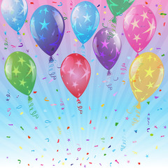Festive greeting card with colorful balloons with stars and confetti