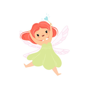 Cute Little Winged Fairy Flying with Magic Wand, Beautiful Redhead Girl Character in Fairy Costume Vector Illustration