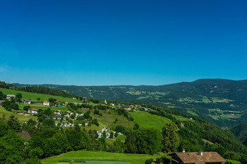 Fototapeta na wymiar Italy, train from Bolzano to Venice, a herd of sheep grazing on a lush green hillside