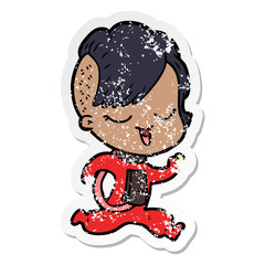 distressed sticker of a happy cartoon girl