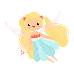 Lovely Little Winged Fairy with Blonde Long Hair, Beautiful Flying Girl Character in Fairy Costume with Magic Wand Vector Illustration