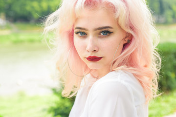 Naklejka premium girl with fashion makeup. Hair loss and care. Beauty salon and hairdresser. Makeup cosmetics and skincare. Fashion portrait of woman. hair coloring. She got great style