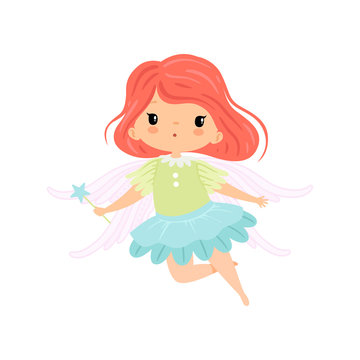 Beautiful Little Winged Fairy, Sweet Flying Girl Character in Fairy Costume with Magic Wand Vector Illustration