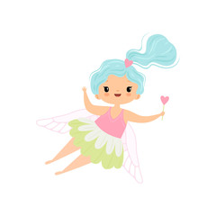Lovely Little Winged Fairy with Light Blue Long Hair, Beautiful Flying Girl Character in Fairy Costume with Magic Wand Vector Illustration