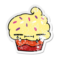 distressed sticker cartoon of a crying cupcake