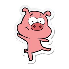 sticker of a happy cartoon pig dancing