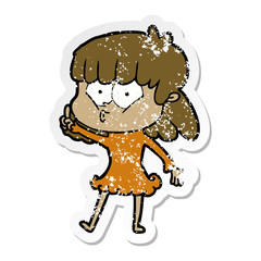 distressed sticker of a cartoon whistling girl