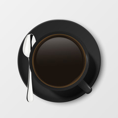 Realistic Vector 3d Glossy Blank Black Coffee Cup or Mug with Americano, Espresso and Tea or Coffee Spoon Closeup Isolated on White Background. Design Template of Coffee Mug or Cup, Mockup. Top View