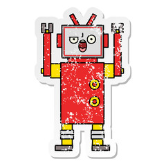 distressed sticker of a cute cartoon angry robot