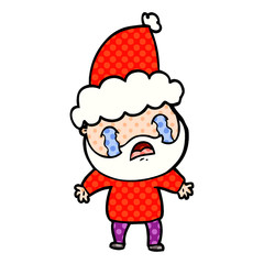 comic book style illustration of a bearded man crying wearing santa hat