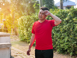 Tried man after finished exercise outdoor.