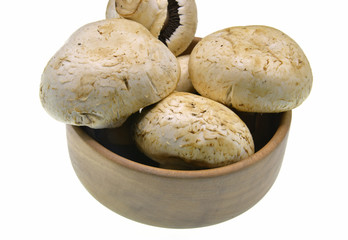 mushrooms in a bowl isolated on white background