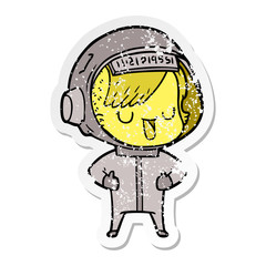 distressed sticker of a cartoon astronaut woman