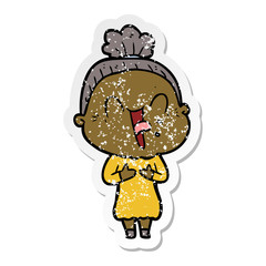 distressed sticker of a cartoon happy old woman