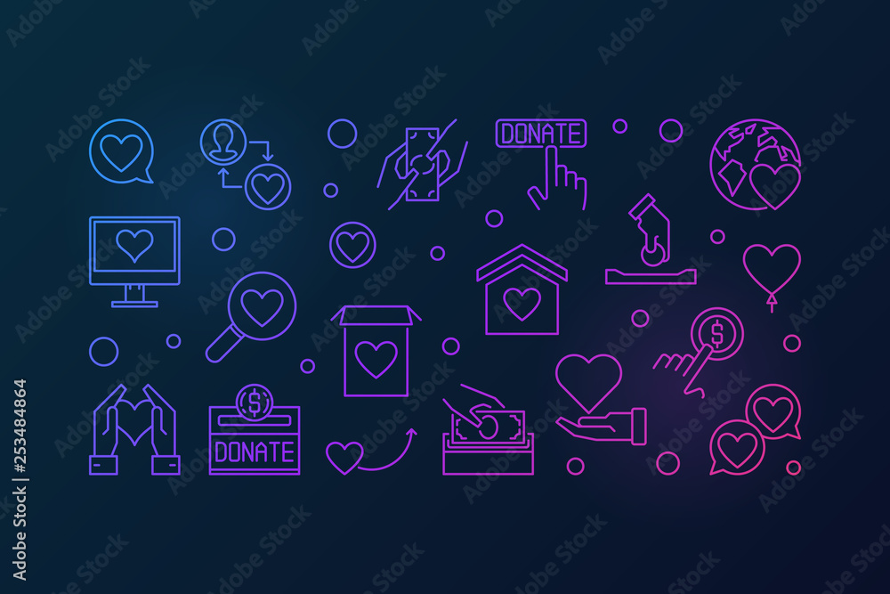 Poster donate vector colorful horizontal banner in thin line style on dark background